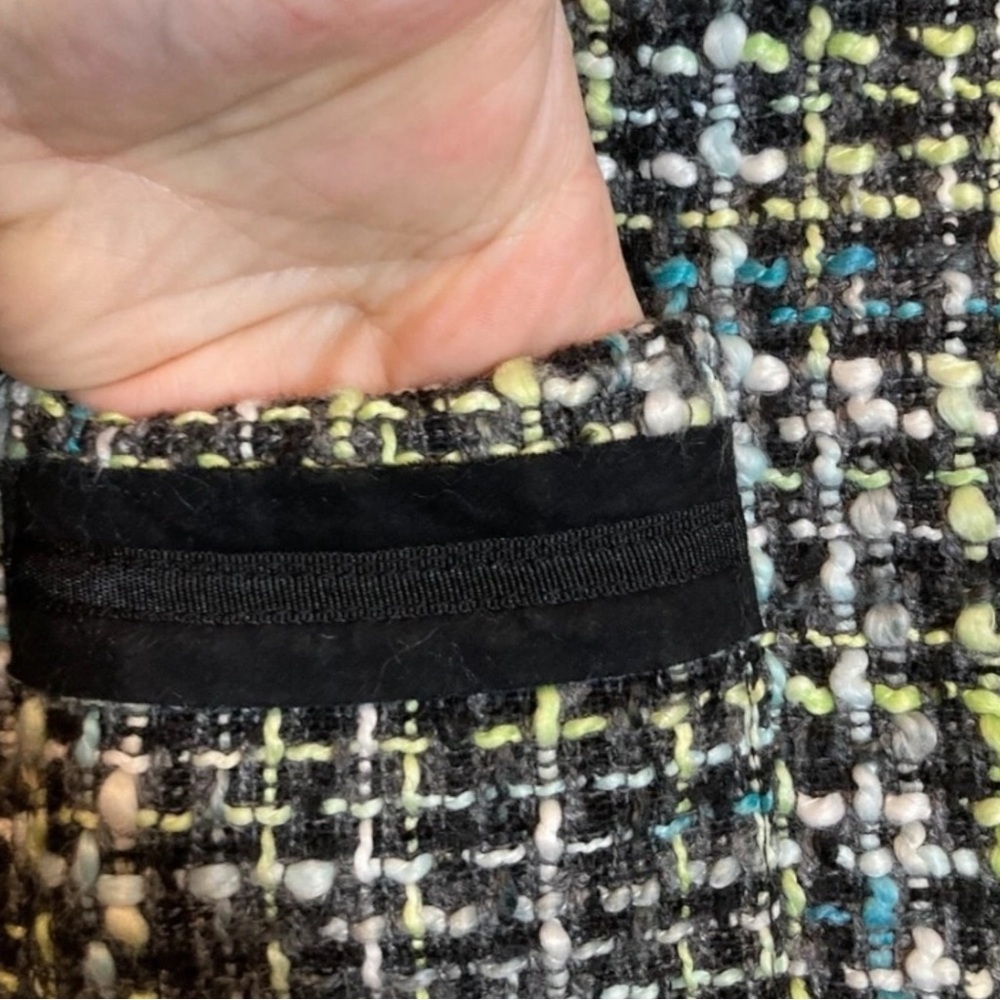 SANDRO ✘ Preppy Turquoise Black Tweed Jacket Midi Skirt Suit 2 Pc Set Office, L - Picture 7 of 12